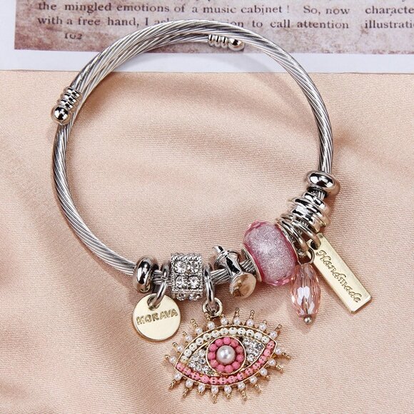 Women Exquisite Rhinestone Evil Eye Pendant Charm Bracelet - Picture 1 of 2